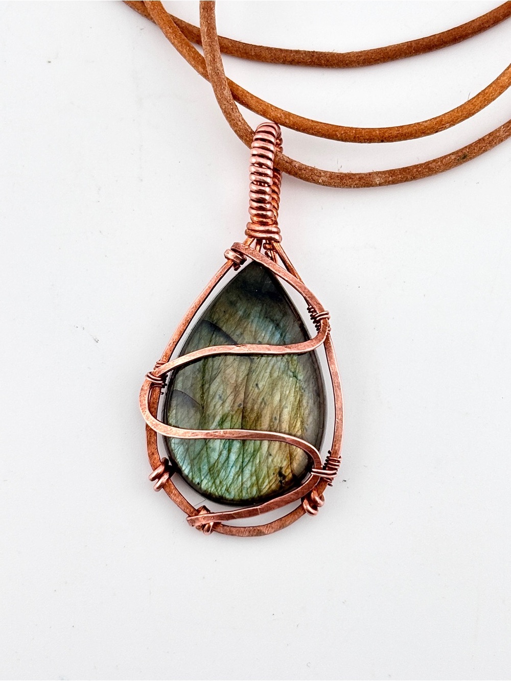 HANDMADE Labradorite, Copper and Leather Adjustable Unisex Pendant Necklace